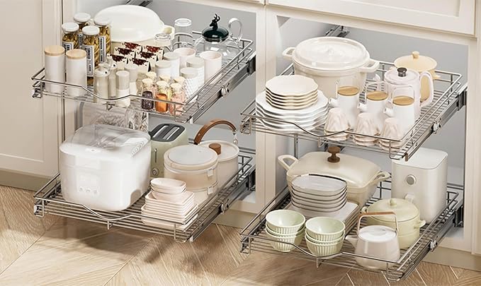 DINDON 2 Tier Pull Out Cabinet Organizer, Double Tier Wire Basket Slide Out - Image 5