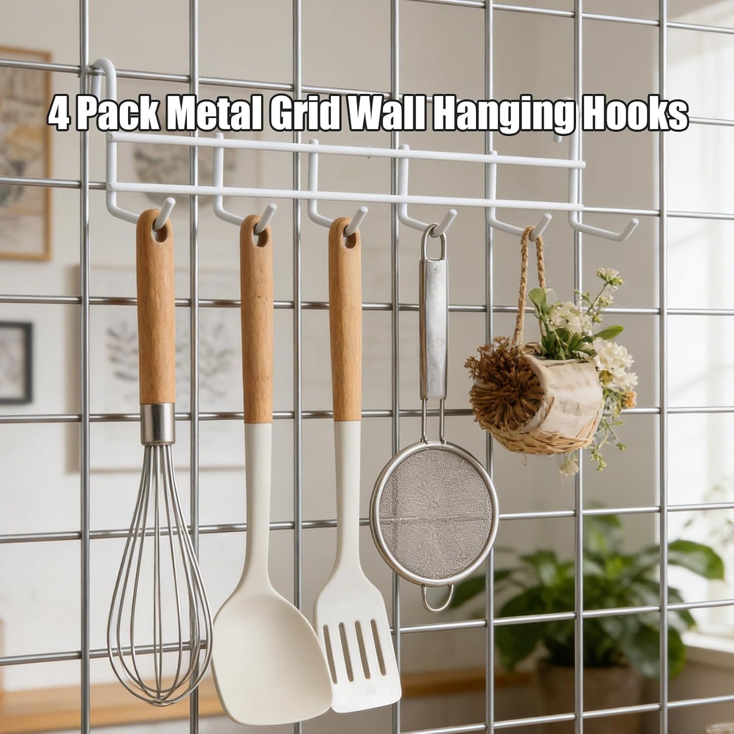 4 Pack Metal Grid Wall Hanging Hooks, Grid Wall Accessories, Heavy Duty Storage Hooks Rack for Door Back Wall Mount Storage and Display, Hook Attachment for Wire Shelving (4 x Hanging Hooks（White）)
