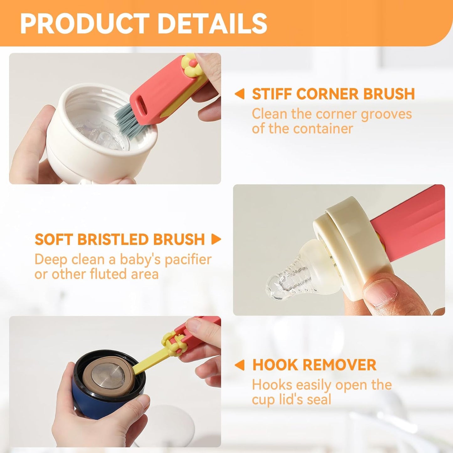 3 in 1 Cup Lid Gap Cleaning Brush Set, Multifunctional Bottle Cleaning Brush, Cup Lid Gap Cleaner, Home Kitchen Crevice Brush Tools(Multicolor)