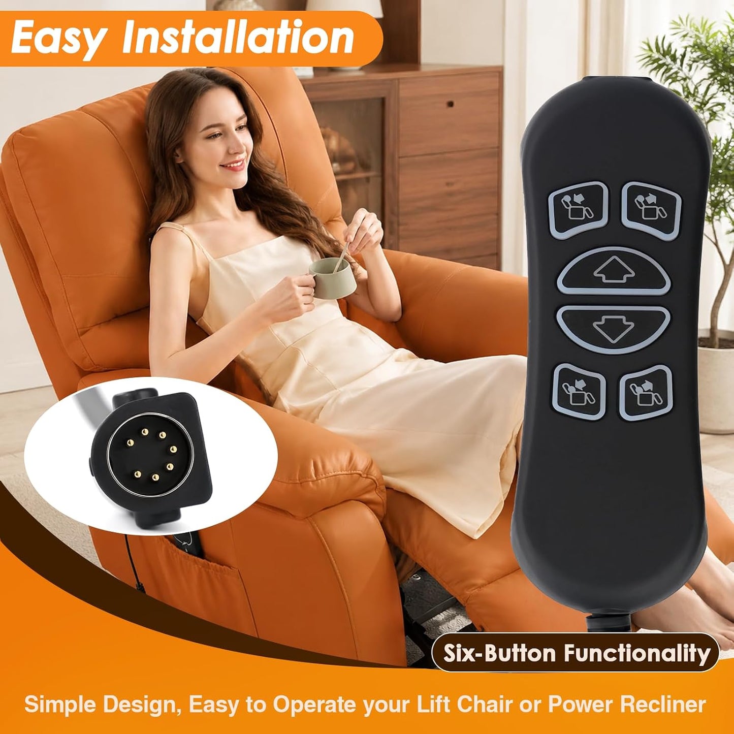 HSW306 Compatible 6 Button 7 Pin Lift Chair Remote Replacement Controller, with USB Charging Port & Backlit Buttons, Hand Wand Replacement for Power Recliner (Version A)