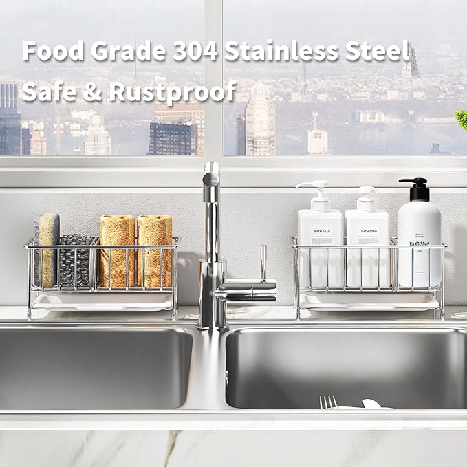 Kitchen Sink Sponge Holder, 304 Stainless Steel Soap Dispenser Caddy Organize - Image 6