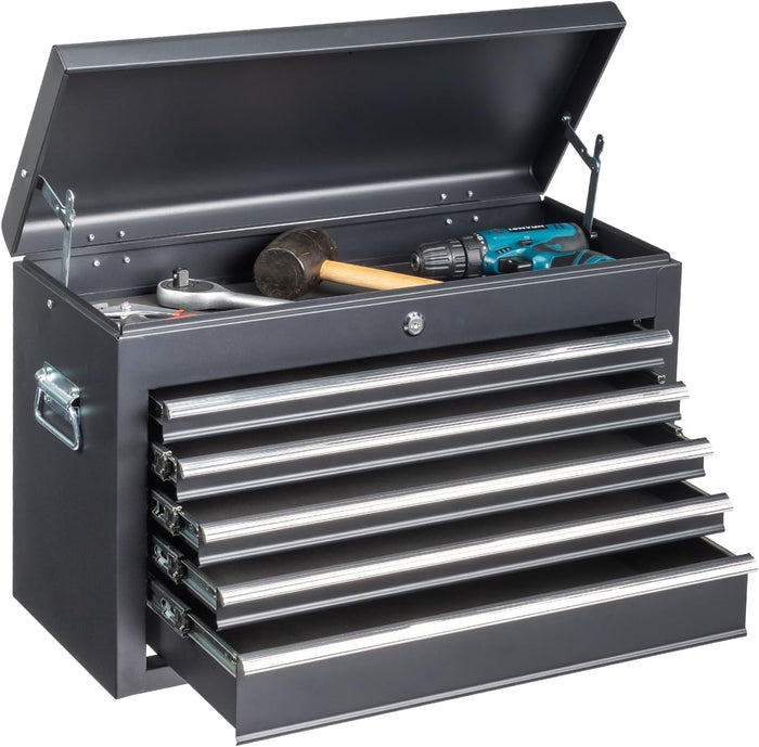 24" Portable Metal Tool Box, 5 Drawers Lockable Toolbox, Black