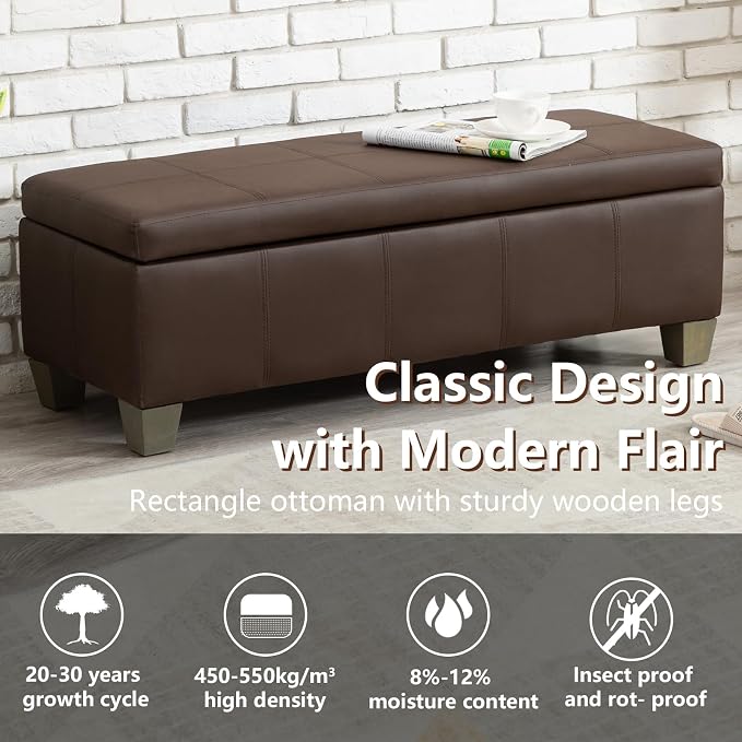 51 Inch Brown Faux Leather Ottoman