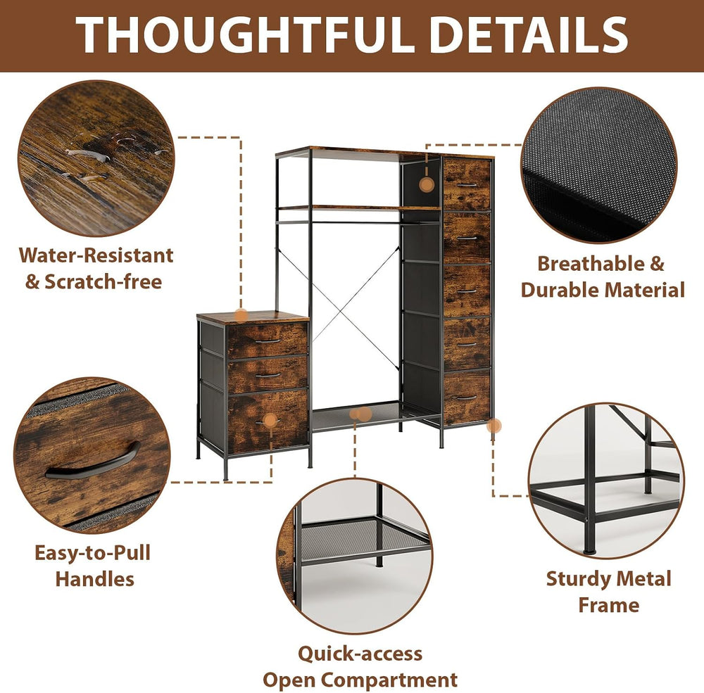 Clothes Rack with 8 Drawers, 4 Shelves & LED, 55" W×57" H Dress...