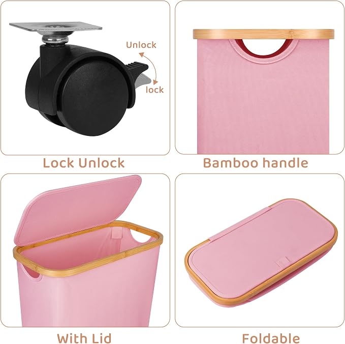 60L Slim Laundry Basket with Wheels, Narrow Hampers - Image 4