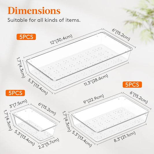 Lifewit 15 Pcs Large Bathroom Drawer Organizers, 3 Sizes Clear Plastic Storage - Image 2