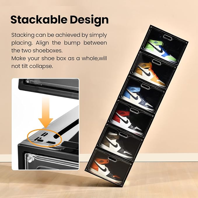 8 Pack Shoe Boxes Black Plastic Stackable, Large Shoe Storage Organizer - Image 4
