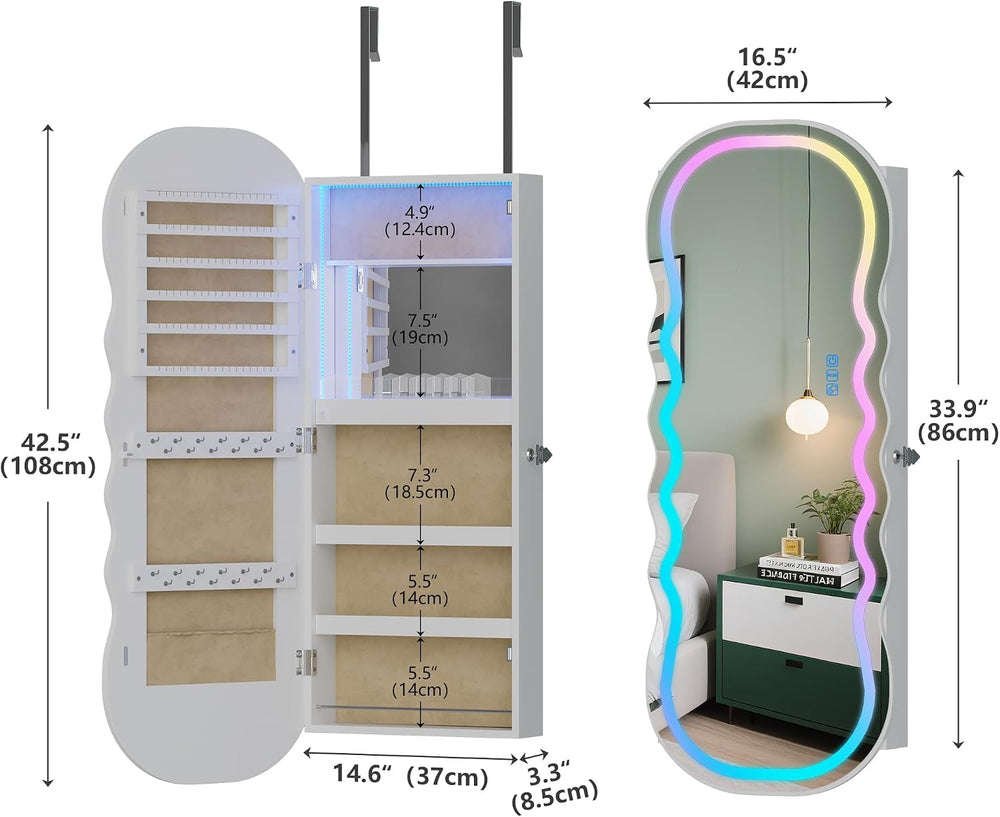 HNEBC LED Mirror Jewelry Cabinet with RGB Lights,42.5" Wall Mounted Jewe...