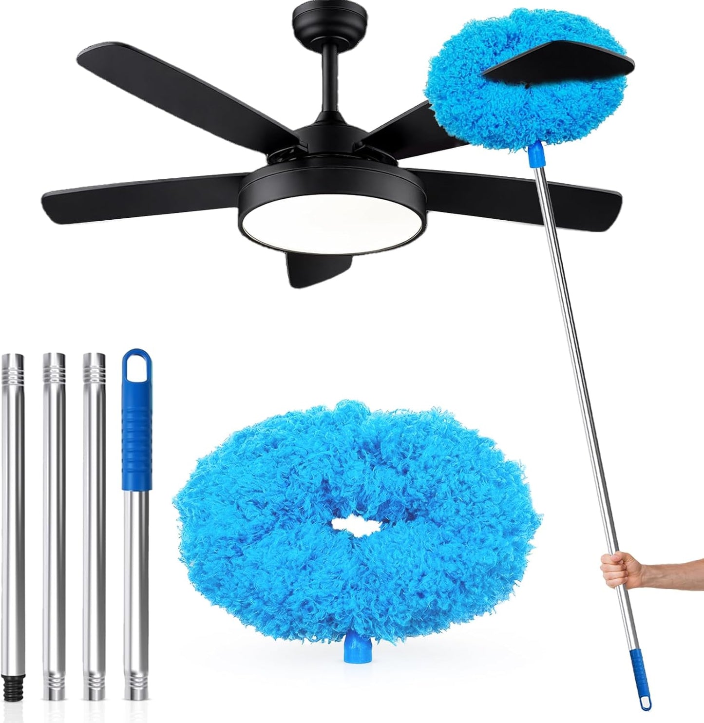 Ceiling Fan Cleaner Duster with Extension Pol, 12 to 51 Inch Duster Length, Reusable Microfiber Dusters for Cleaning Fan Blades, Cobwebs, Walls, Windows & High Ceilings, Removable, Blue
