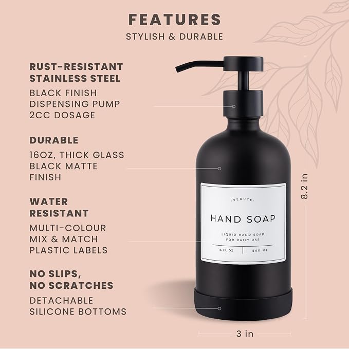 16oz Glass Soap Dispenser with Stainless Steel Pump, 21 Waterproof Labels - Image 6