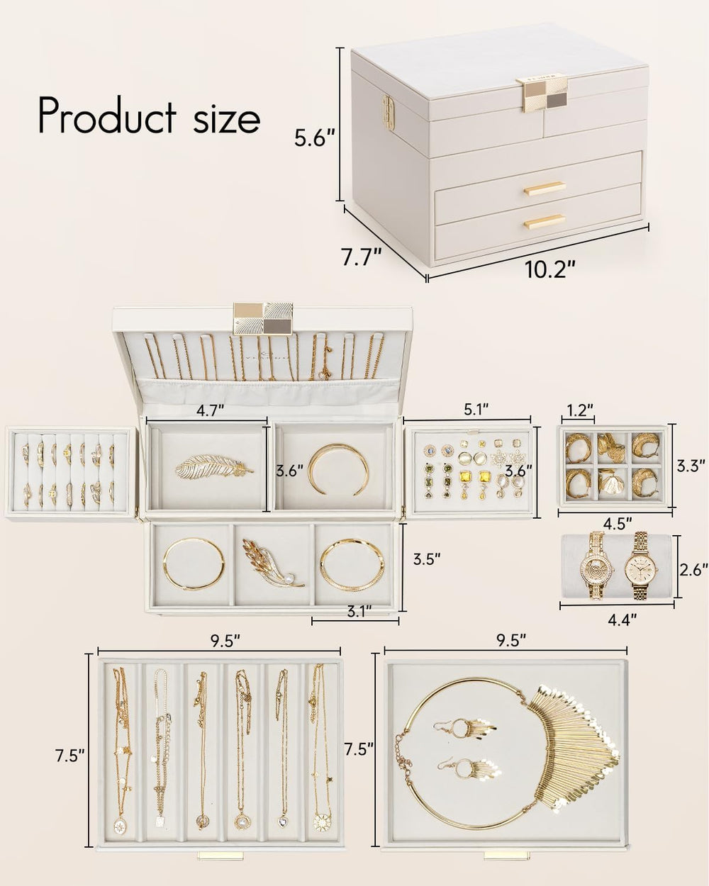 VLANDO Jewelry Box,4-Layer Design with Retractable Tray and 2 Drawers