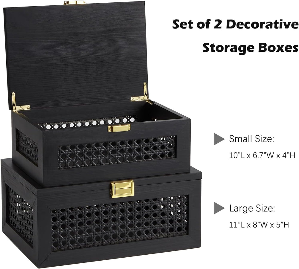 2PCS Decorative Rattan Storage Box Basket with Lid Wooden Frame