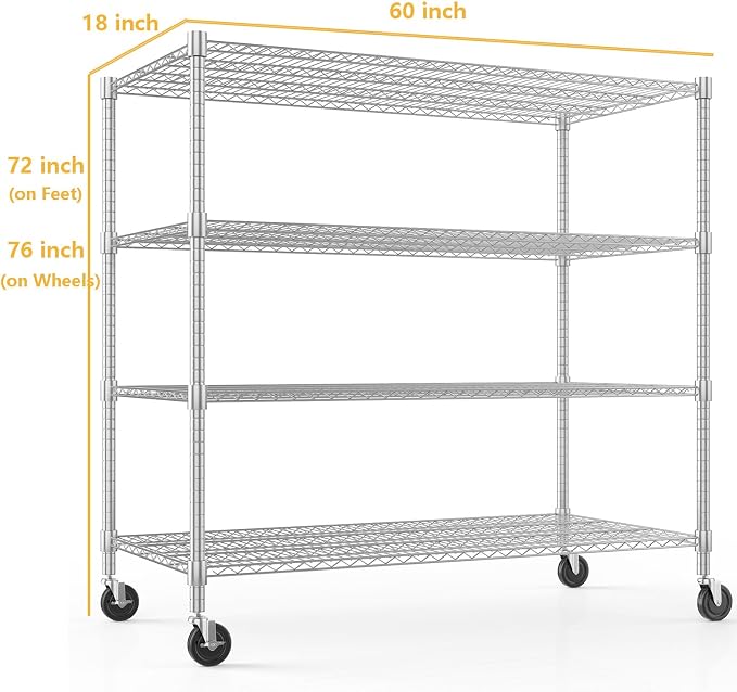 Himimi Storage Shelves with Wheels, 4-Tier Heavy Duty Steel Wire Rack Storage