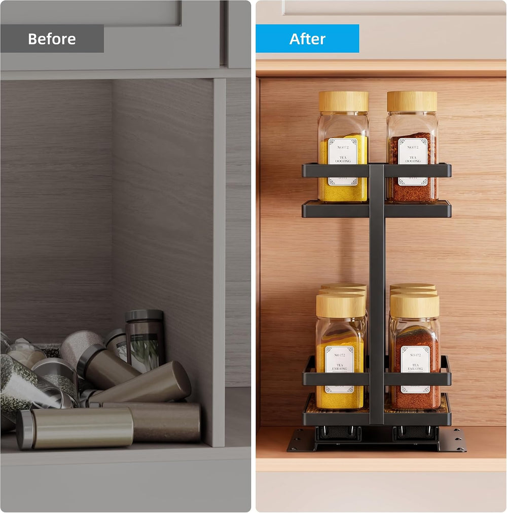 Pull Out Spice Rack 2Pcs Metal & Wood Seasoning Organizer Black