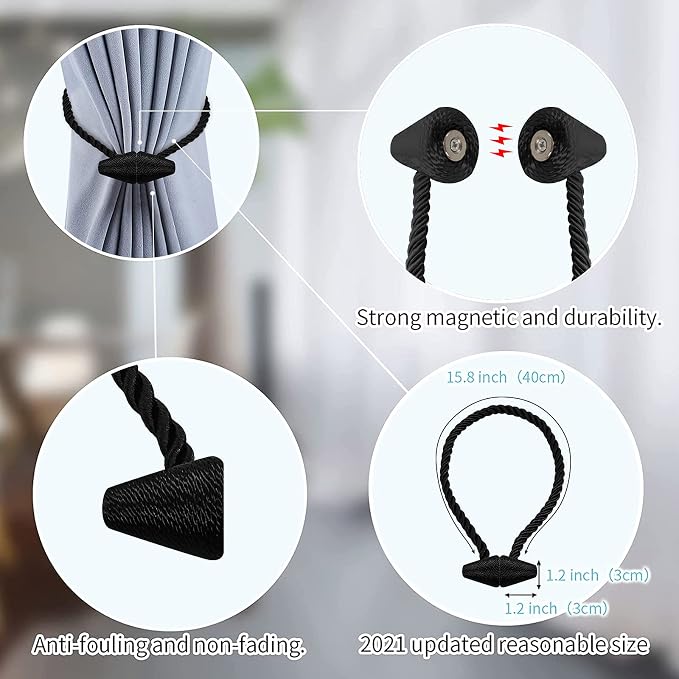 Hion Magnetic Curtain Tiebacks Black 2pcs, Curtain Tiebacks Buckles Holdbacks - Image 3