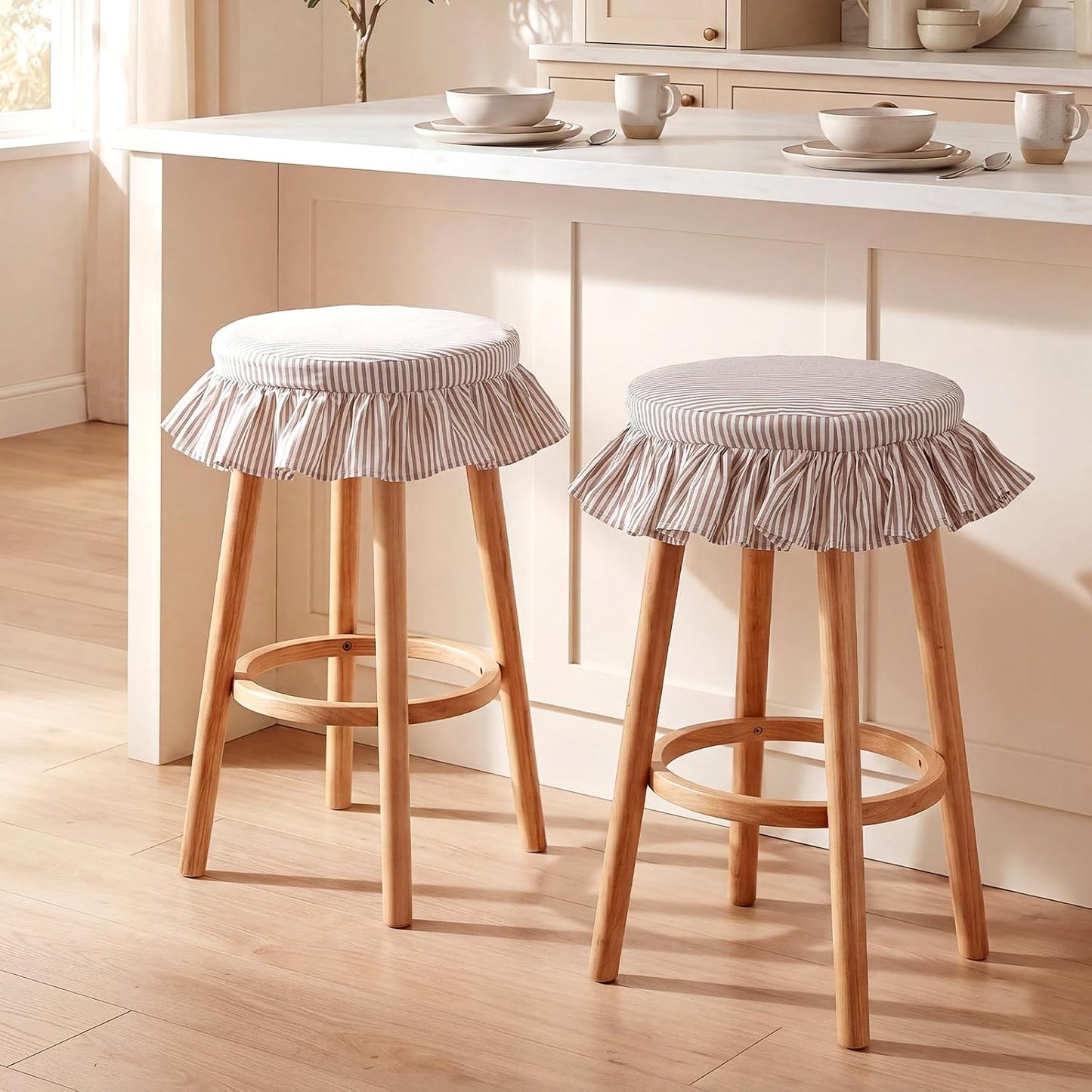 2 Pcs Bar Stool Covers with Ruffles 12 Inch Round Stool Cover with Elastic Band Pad Farmhouse Seat Slipcover Nonslip and Washable(Beige,Stripes)