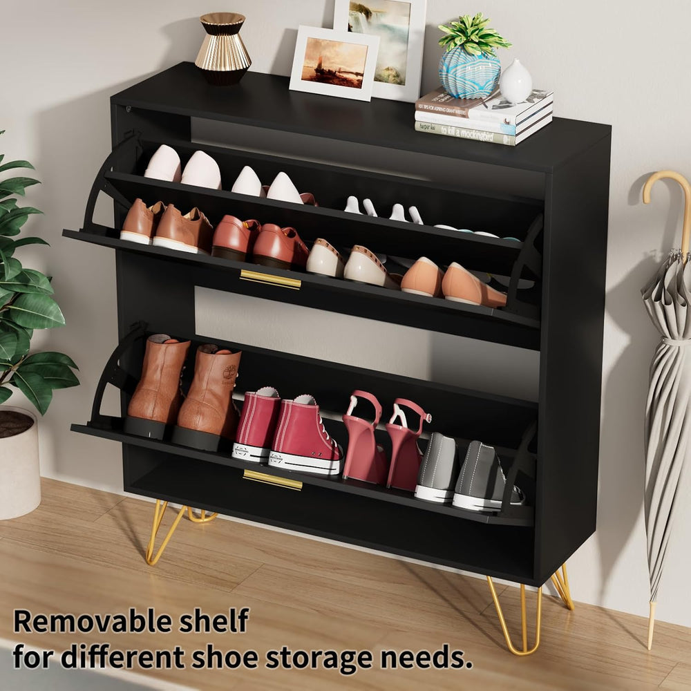 CARPETNAL Shoe Cabinet for Entryway Slim, Black Shoe Storage Cabinet with 2 F...