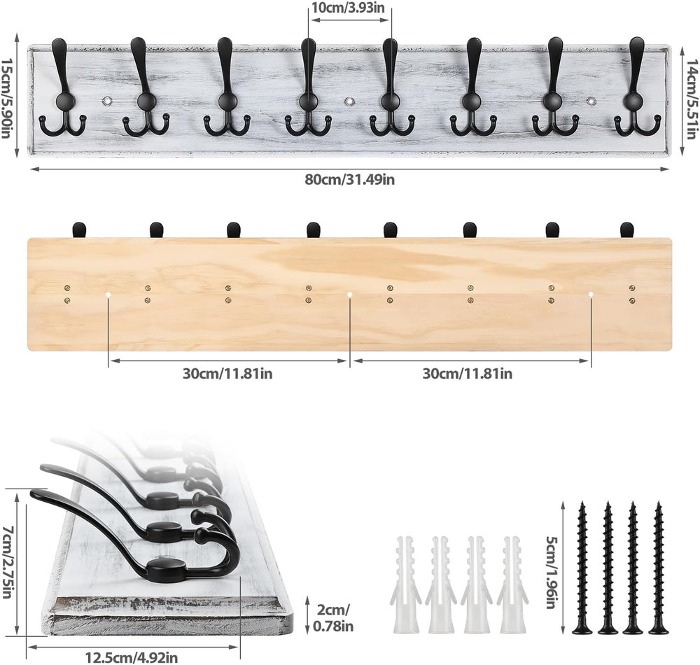 Coat Rack Wall Mount, Wooden Heavy Duty Coat Rack for Wall,8 Triple Coat Hang...
