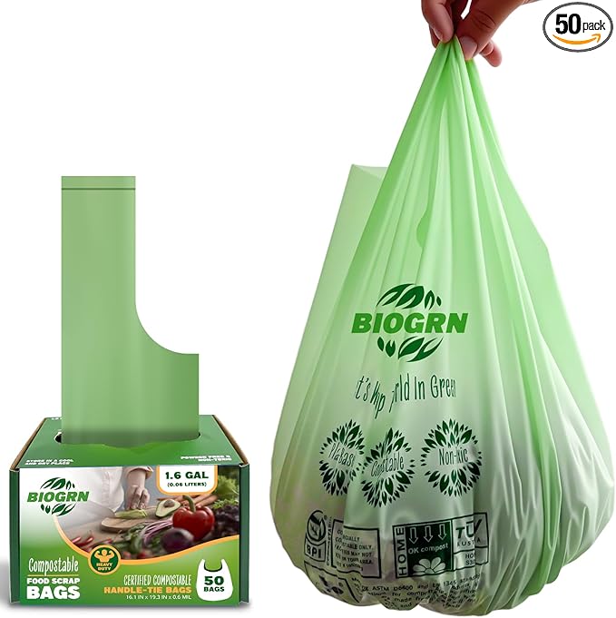 Compostable Trash Bags 1.2-1.6 Gallon Handle Tie 50 Count 0.6 Mil 6.06 Liter by BIOGRN