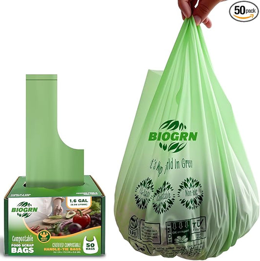 Compostable Trash Bags 1.2-1.6 Gallon Handle Tie 50 Count 0.6 Mil 6.06 Liter by BIOGRN