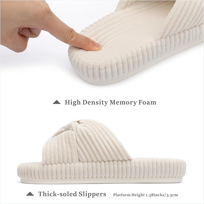 Chantomoo Slippers for Women Memory Foam House Bedroom Corduroy Bow Crossbands - Image 2
