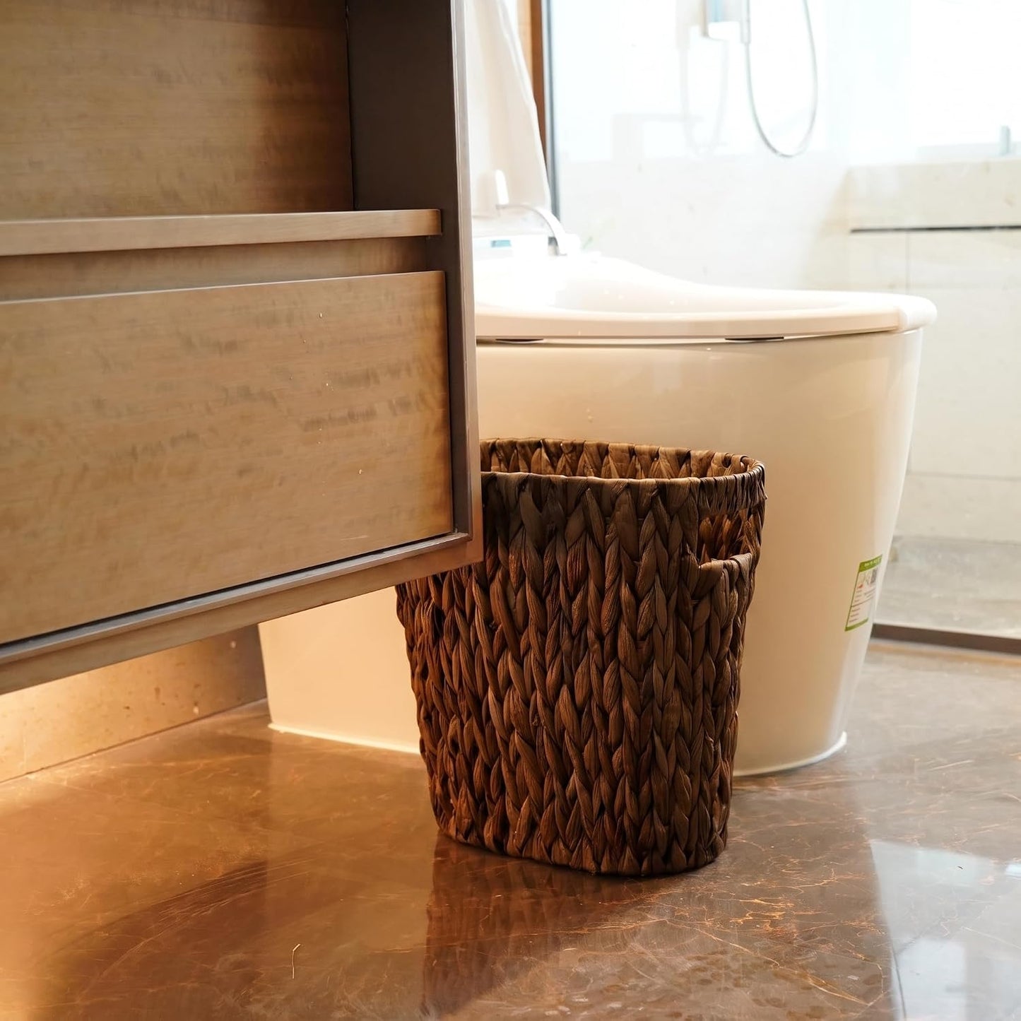 PINXIURY Bathroom Wicker Trash Can Handwoven Wicker Waste Basket with Built-in Handles Water Hyacinth Garbage Can for Bedroom Office Kitchen 100% Handmade 13" L x 7.5" W x 12.2" H, 3.2 Gallon Brown