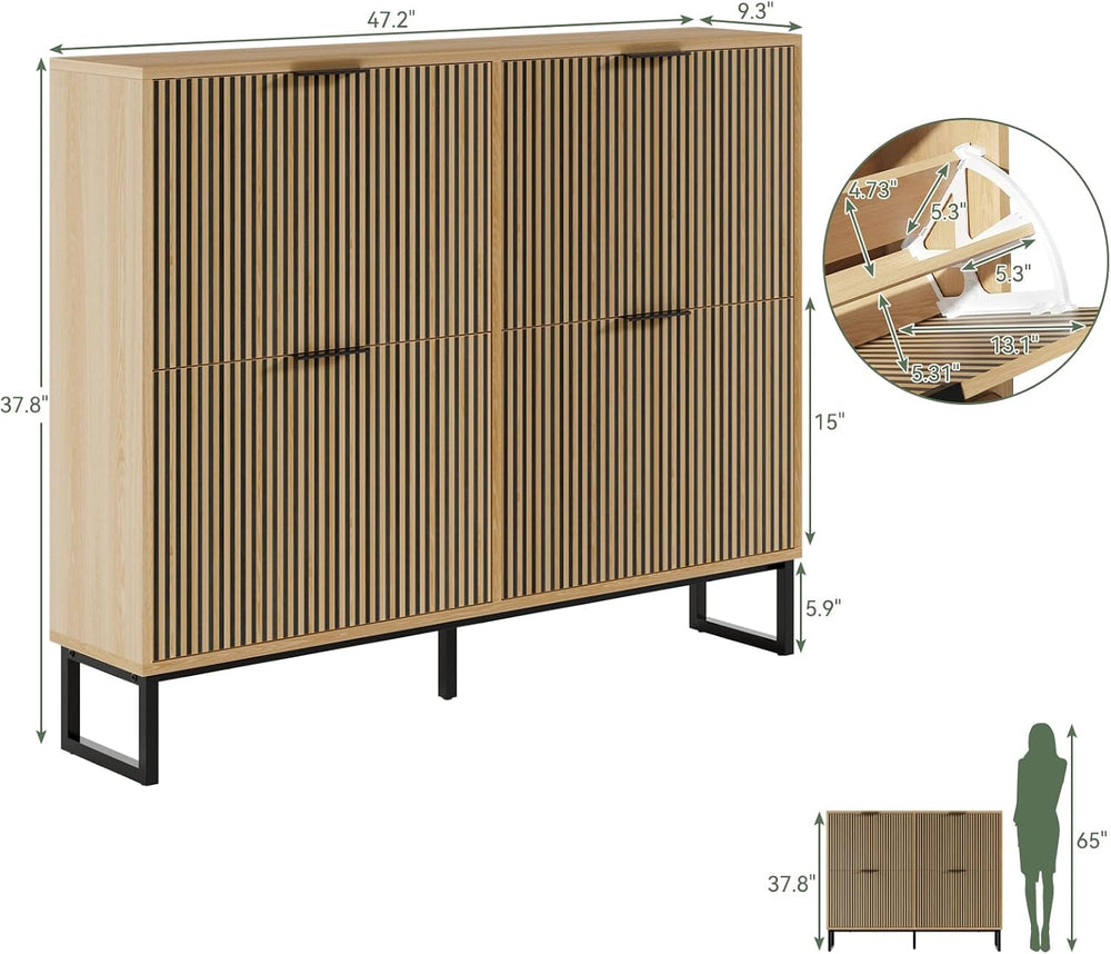 Shoe Cabinet Storage with 4 Flip Drawers and Metal Legs, Natural Wood丨Slim Sh...