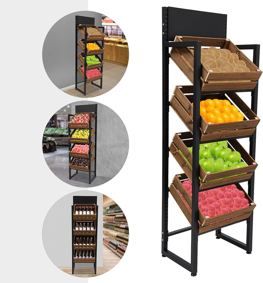 Market Retail Display Rack 4-Tier 52x35x160cm, with 4 Baskets, Wood & Iro...