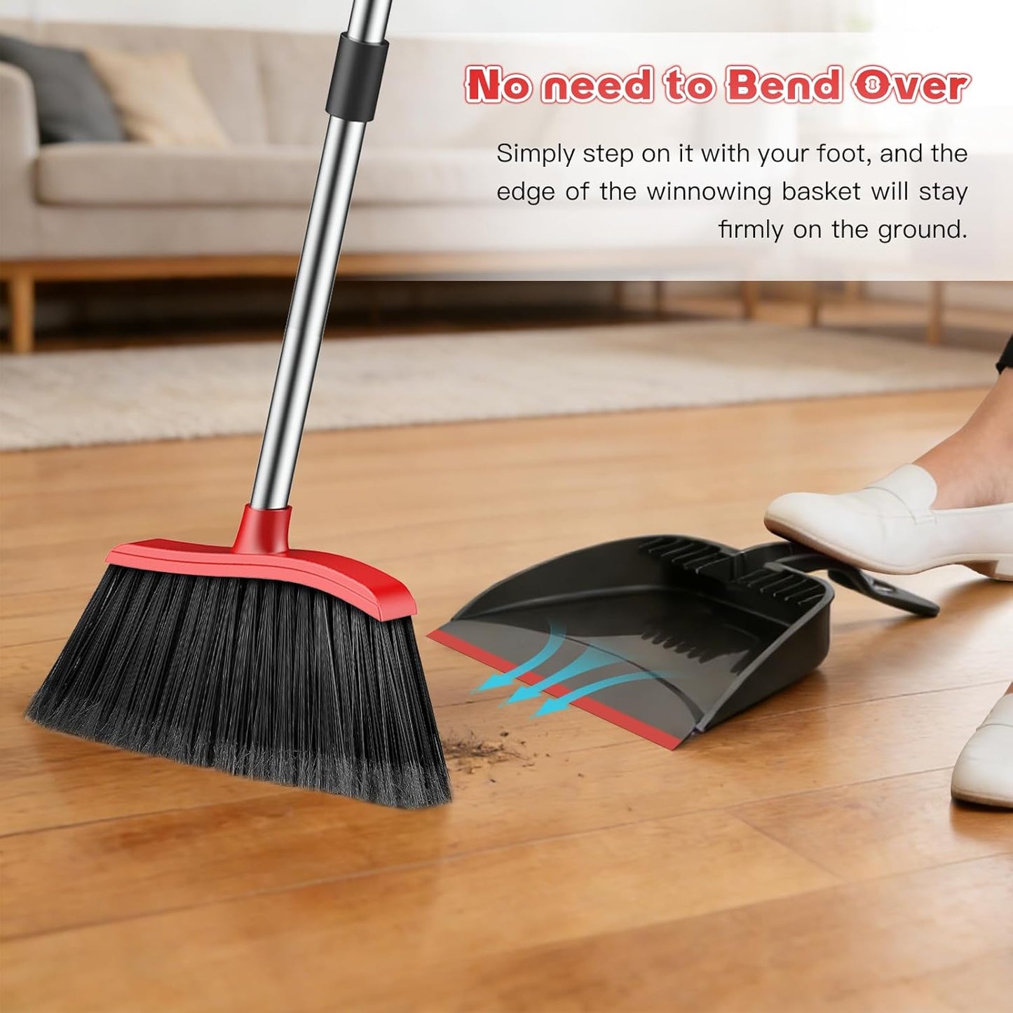 Broom and Step-on Dustpan Set, 59-in Adjustable Long Handle Broom with Dustpan Combo Set Outdoor Angle Broom for Sweeping Indoor Dust Pet Hair for Cleaning Kitchen Garage Deck Patio, Black&Red
