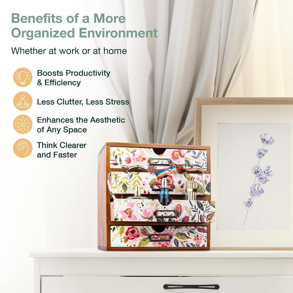 4-Drawer Vintage Desk Wood Storage Box With Drawers in Floral Chintz - Wooden...
