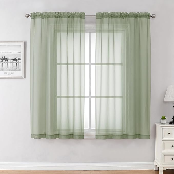 Chyhomenyc Sage Green Sheer Curtains 45 Inch Long 2 Panels, Short Voile Rod by Chyhomenyc