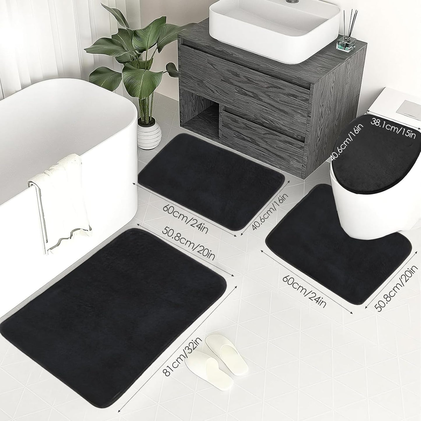 Memory Foam Black Bathroom Rug Set 4-Piece, Soft & Supportive Bath Mat Set, Super Absorbent & Quick Dry, Non-Slip Backing, Machine Washable Rugs for Bathroom, Tub & Shower (Black)