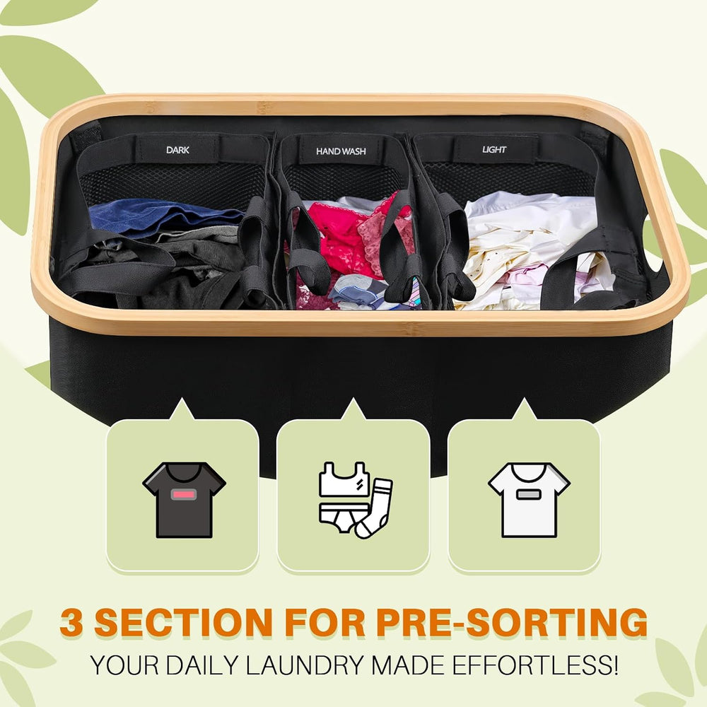 160L Laundry Hamper with Lid, 3 Section Laundry Basket with 3 Removable Bag