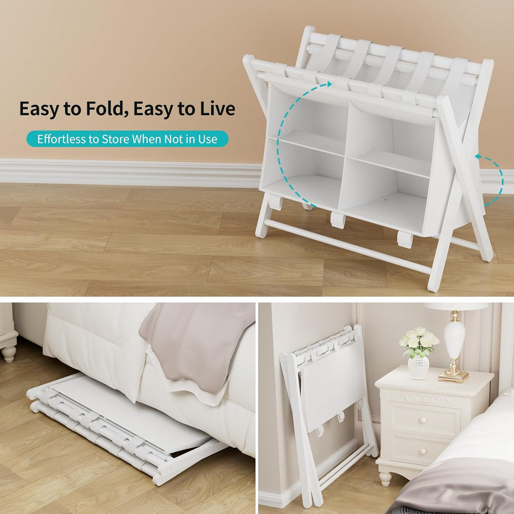 White Bamboo Luggage Rack with 4 Storage Compartments, Foldable Suitcase Stan...