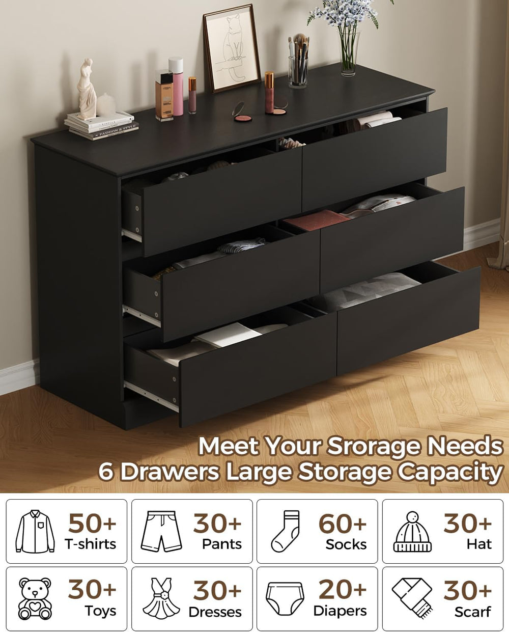 Dresser for Bedroom, 6 Drawer Dressers, Modern Wood Dresser, Wide Chest of Dr...