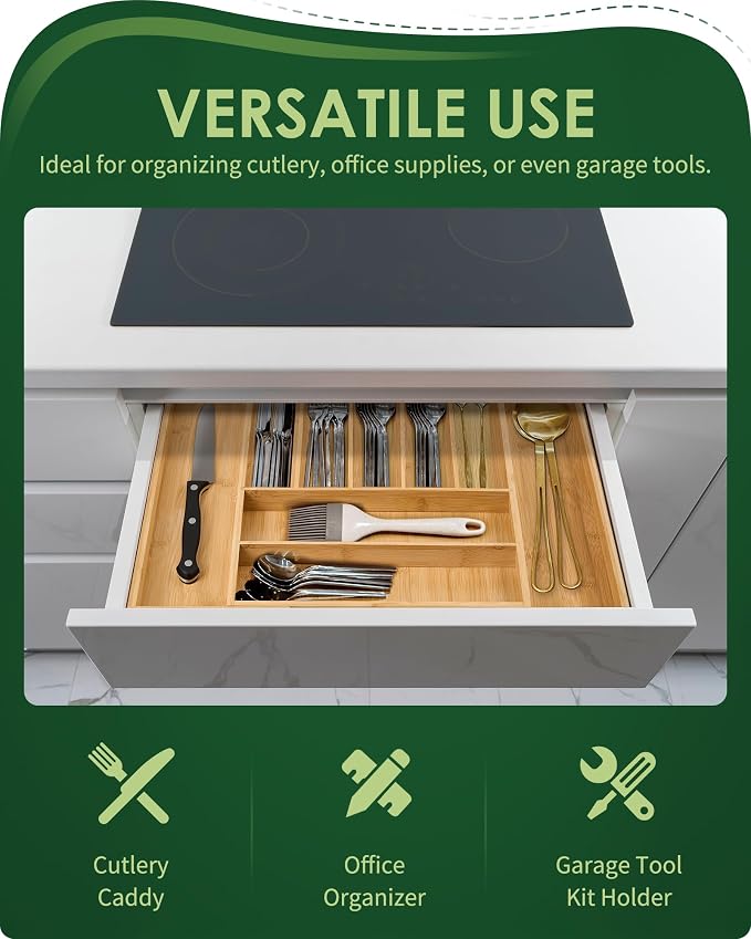 Premium Bamboo Expandable Drawer Organizer, 7-9 Slots Adjustable Kitchen Drawer - Image 6
