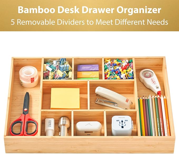 Umilife Extra Large Bamboo Desk Drawer Organizer, Wood Junk Organizer Tray - Image 2
