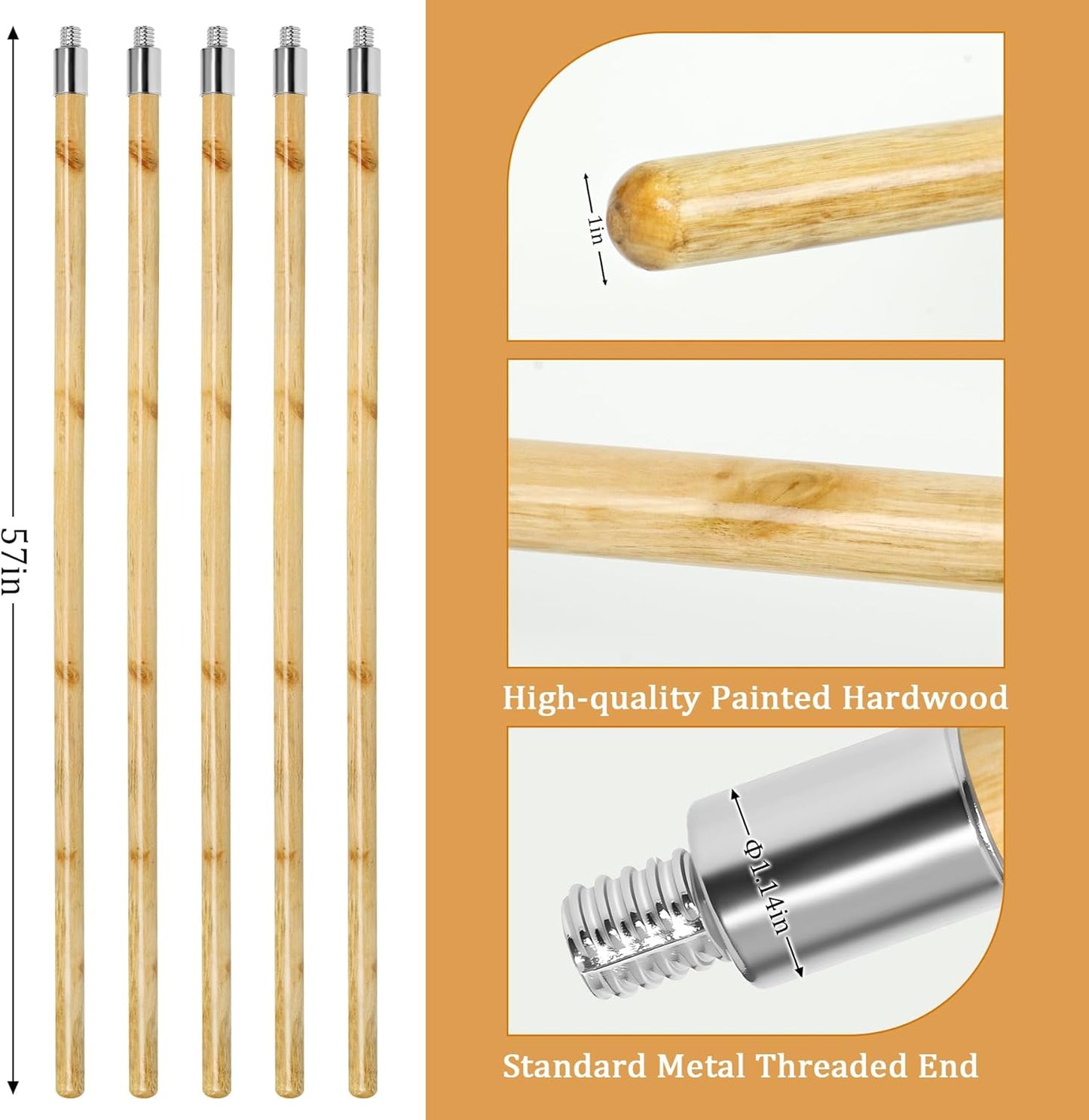 57-inch Wooden Broom Handle with Metal Threaded End, Sturdy Wood Broom Stick Pole for Home and Commercial Floor Cleaning(10 Pack)
