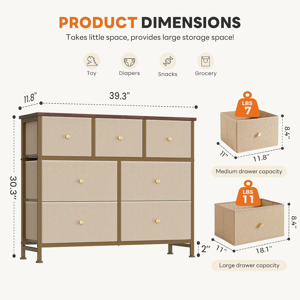Sweetcrispy 7 Drawer Dresser for Bedroom Storage with Fabric Bins, Khaki