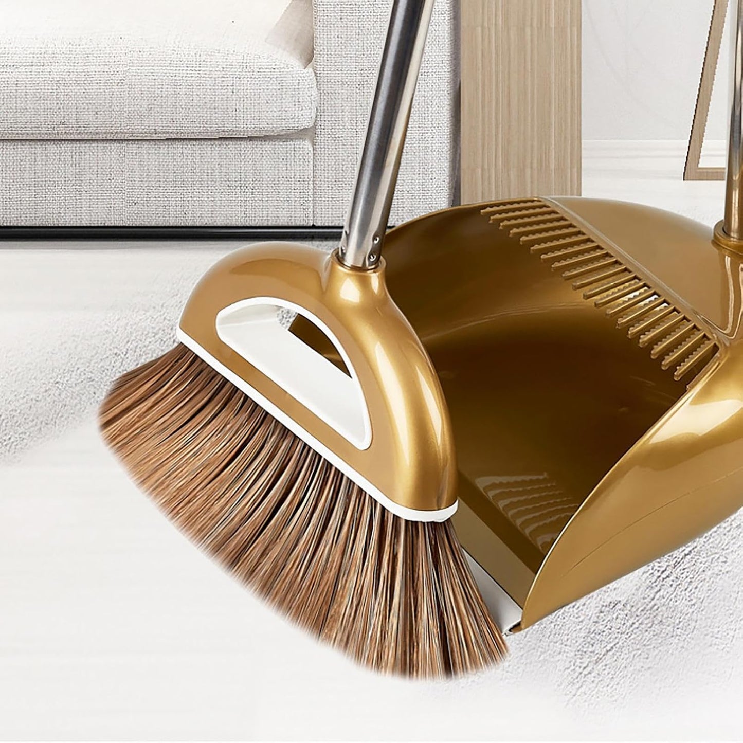 Broom and Dustpan Set with Long Handle, Dust Broom Andstanding Dustpan Combo, Lightweight Robust Kitchen Brooms Dustpans, Duster Tool Cleaning Gadgets, for Home, Kitchen, Offices, Pet Hair, Gold