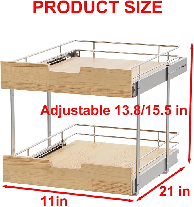 Pull Out Cabinet Organizer, Heavy-Duty Slide Out Shelf, Wood and Wire Basket - Image 2
