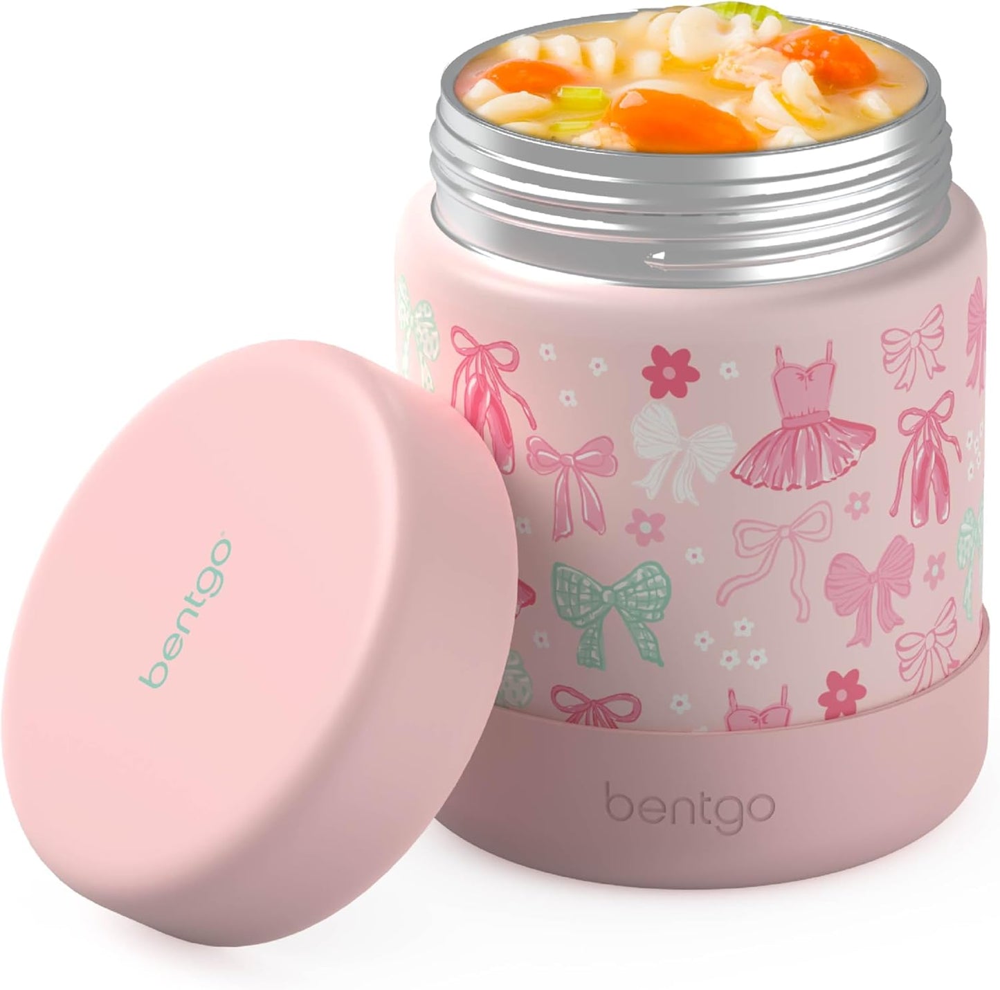 Bentgo Kids Stainless Steel Leak-Proof Food Jar for Hot or Cold Food | 11 fl oz Double Insulated Container with Removable Silicone Bumper, Dishwasher Safe, Easy Open Lid, Ages 3+ (Ballet and Bows)
