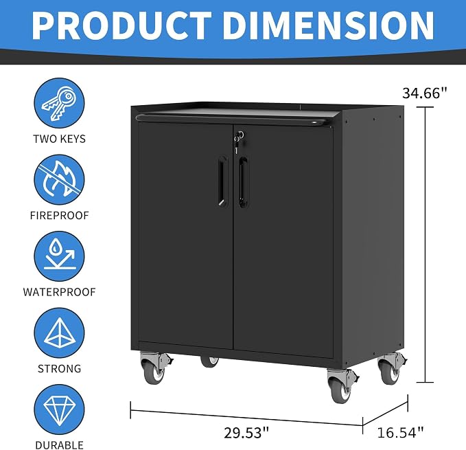 Metal Storage Cabinet with Wheels, Lockable Garage Cabinet with Doors and - Image 3