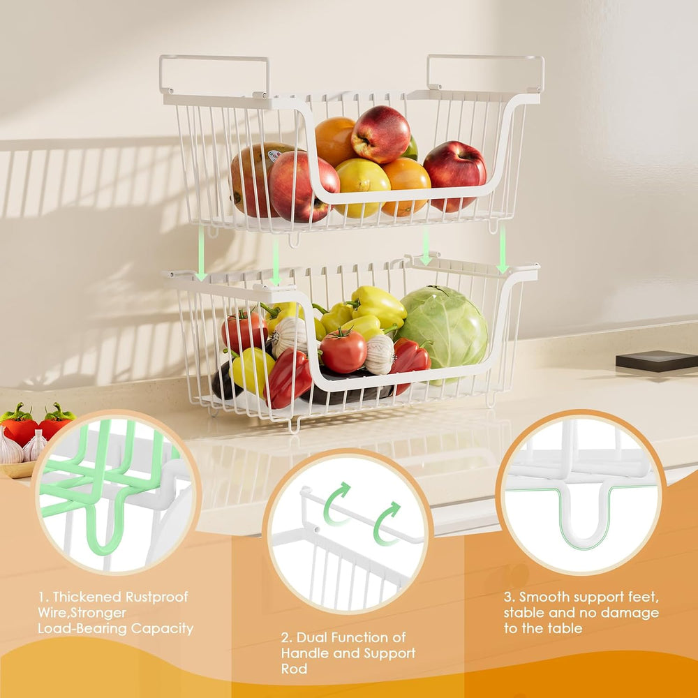 4 Pcs Stackable Wire Baskets for Pantry Organizers and Storage, White