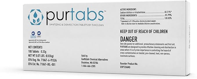 334mg Sanitizer Tablets, NSF D2 Certified, Food Safe, 99.9% Virus & Bacteria by PurTabs