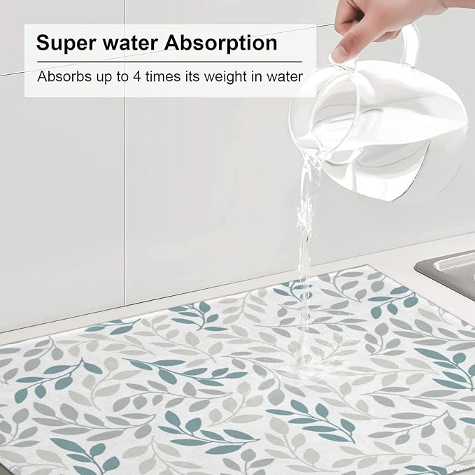 Grey And Blue Leaves Branches Microfiber Absorbent Reversible Dish Drying Mat - Image 6