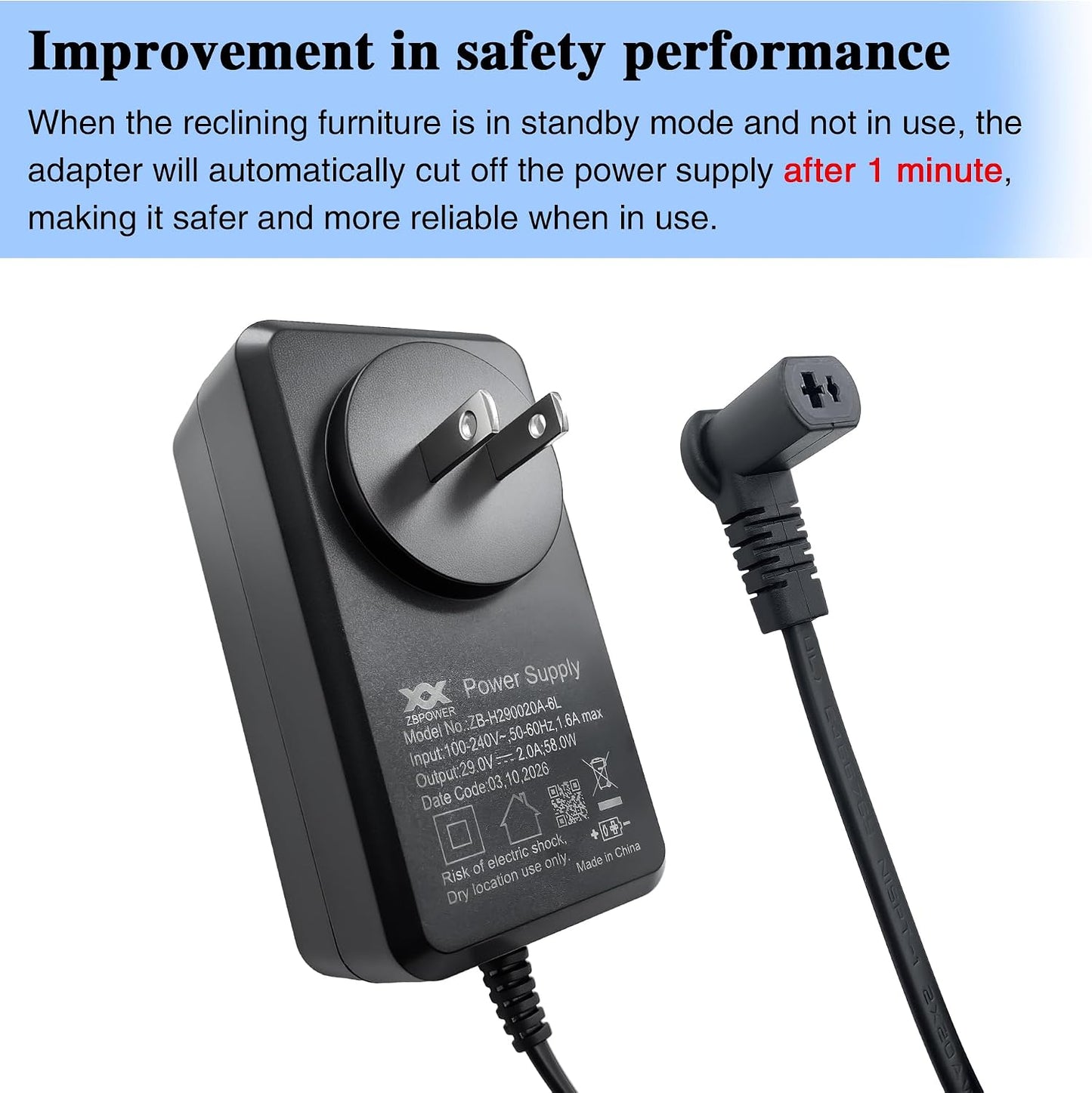 Power Recliner ZBPOWER Wall Power Supply Model ZB-H290020A-6L 29V 2A Wall Switching Adapter for Electric Sofa Lift Chairs