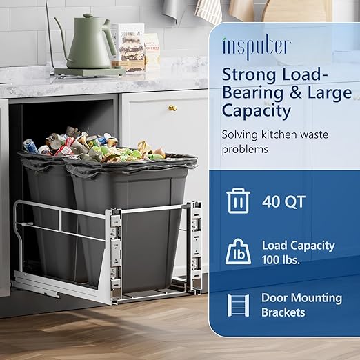 Insputer Double 40QT Pull Out Trash Can Under Cabinet, Heavy Duty Under Sink - Image 2