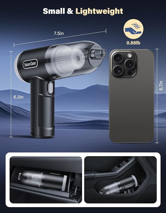 Car Vacuum Portable Cordless, 16000Pa Handheld Vacuum Mini Vacuum Cleaner High - Image 7