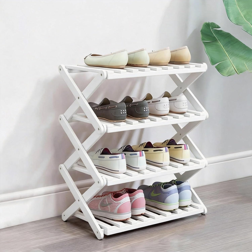 4 Tier Bamboo Shoe Rack White,Portable Folding Shoe Storage Rack,Without Inst...